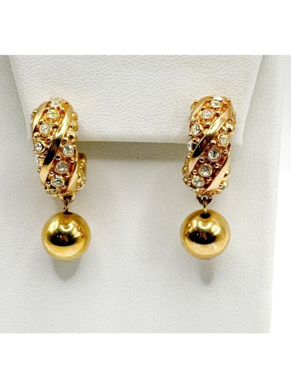 Vintage Swarovski Crystal Semi Hoop Ball Dangle Earrings Gold Tone Pierced Backs